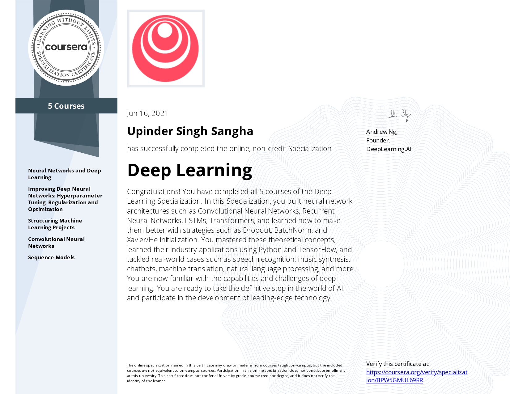 Coursera deep learning specialization